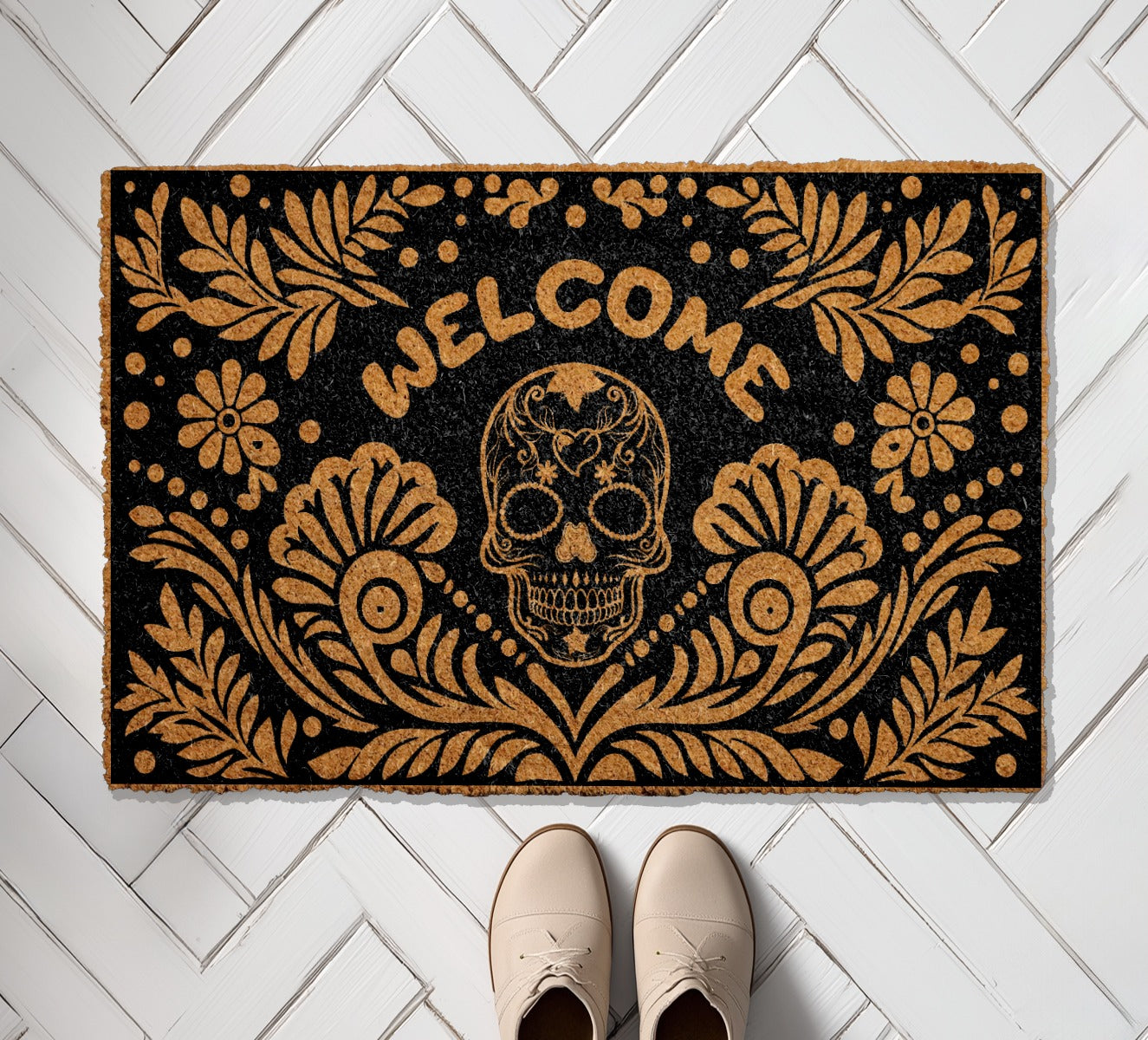 Gothic Floral Sugar Skull Welcome Doormat, Perfect Skeleton Halloween Decor