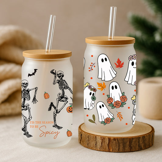 Custom Halloween Glass Tumblers: Cute Ghost, Dancing Skeleton Party Cups
