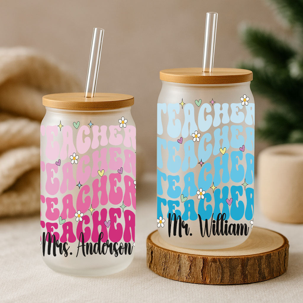 Floral Teacher Appreciation Glass Tumbler, Personalized with Teacher's Name
