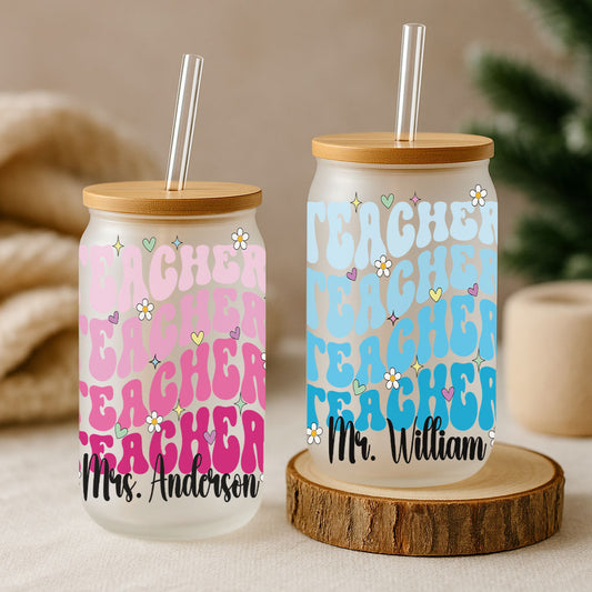 Floral Teacher Appreciation Glass Tumbler, Personalized with Teacher's Name