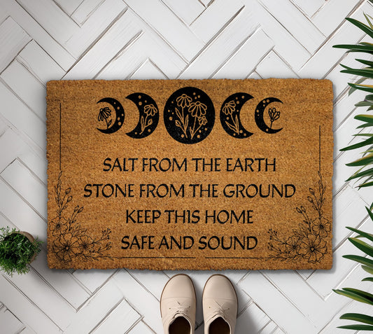 Witchy Welcome Mat, Floral Lunar Cycle Porch Rug for Home Protection