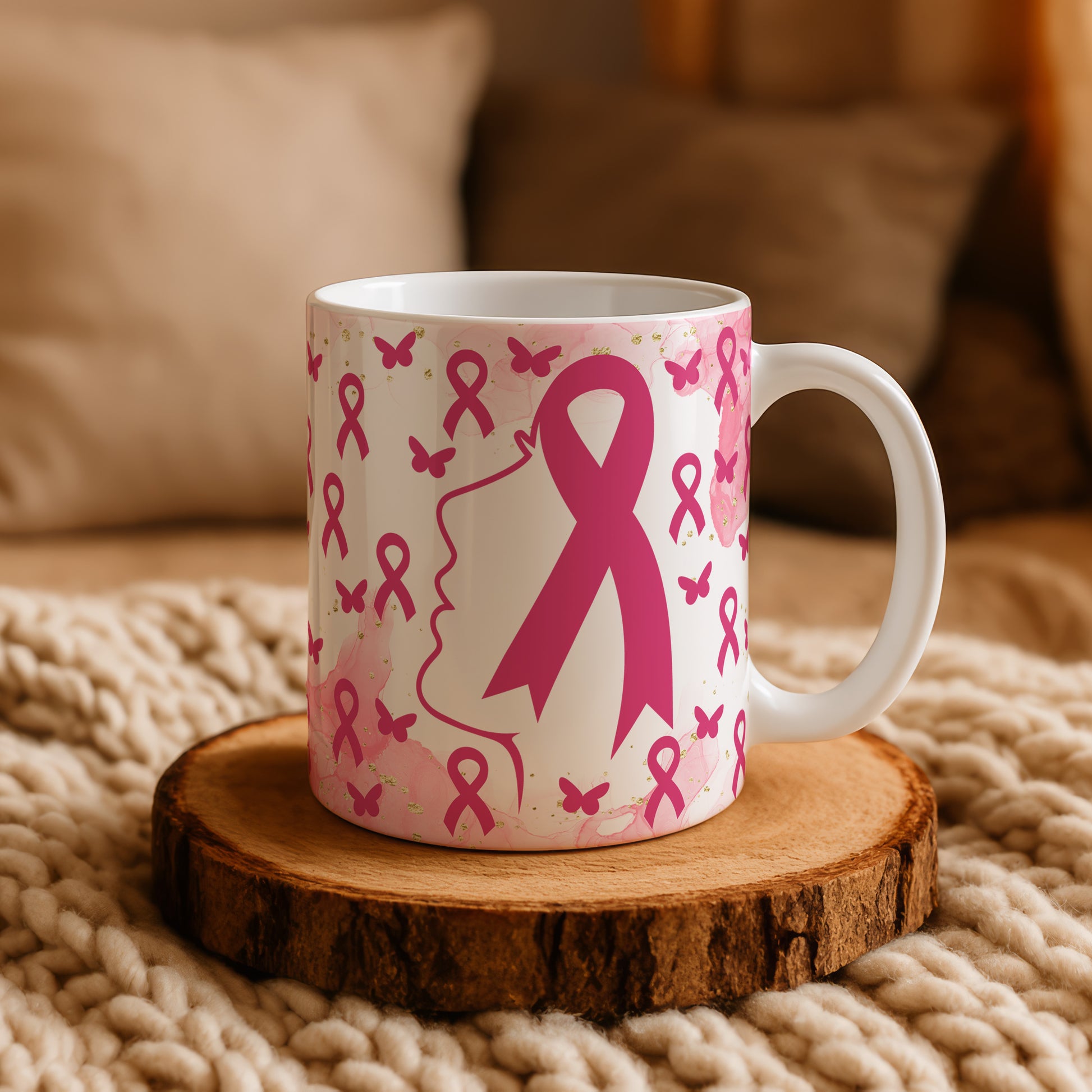 Cute Pink Ribbon Mug, Cancer Fighter Support Ceramic Cup.