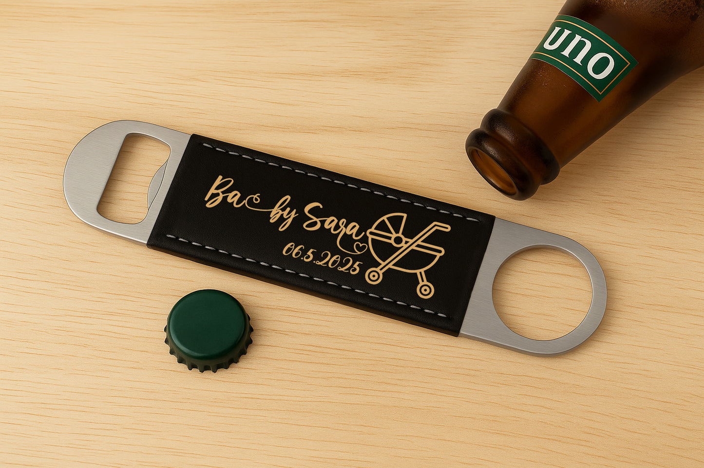 Engraved Long Bottle Opener, Custom Vegan Leather Beer Opener, Groomsmen Gift