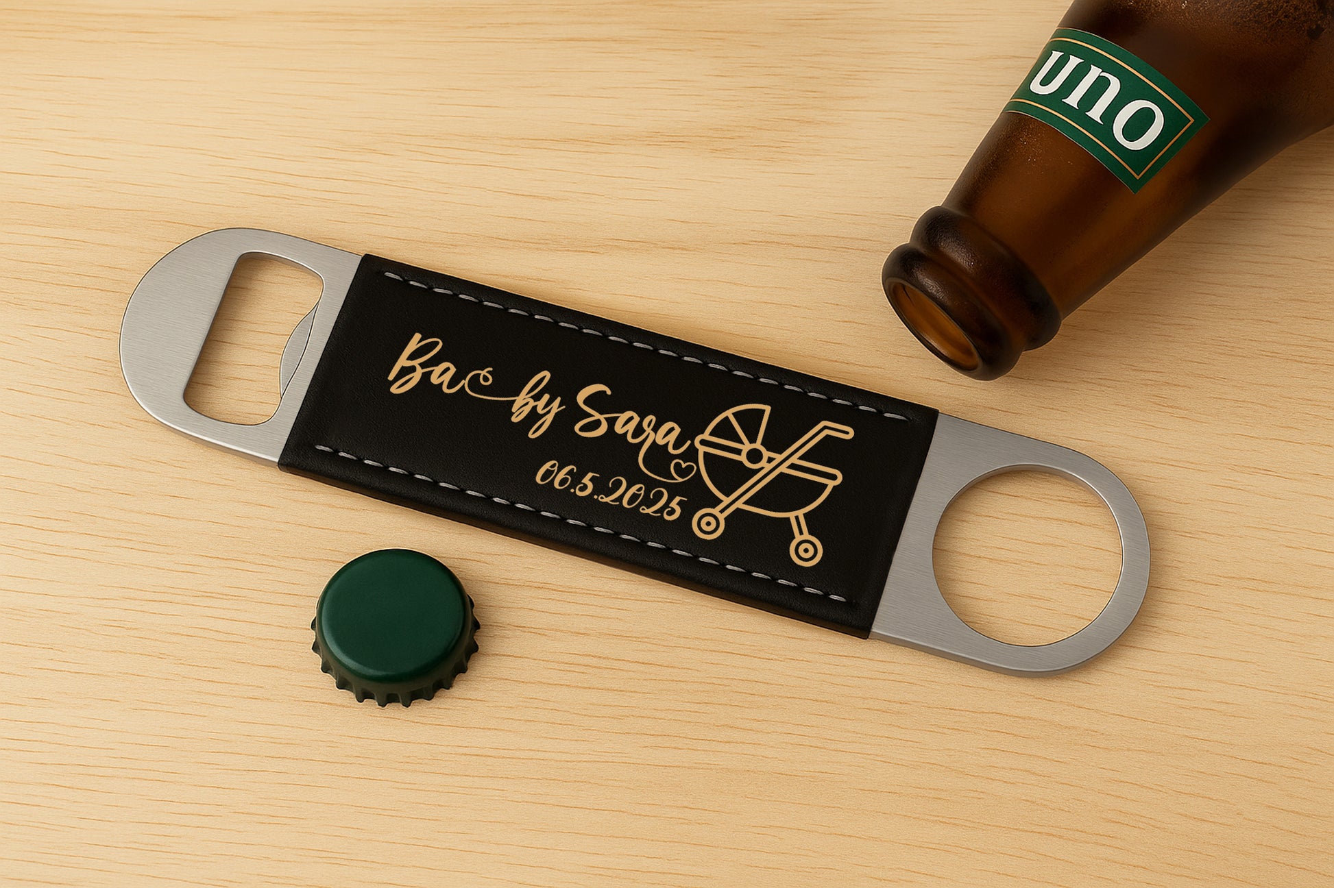 Engraved Long Bottle Opener, Custom Vegan Leather Beer Opener, Groomsmen Gift