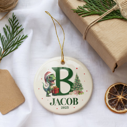Personalized Dino Santa Ornament, Festive Ceramic Keepsake for Family Celebrations