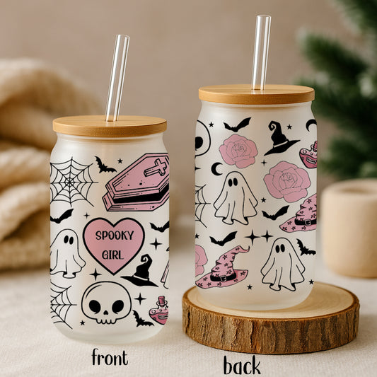 Spooky Girl Tumbler, Halloween Glass Cup, Witchy Iced Coffee Cup