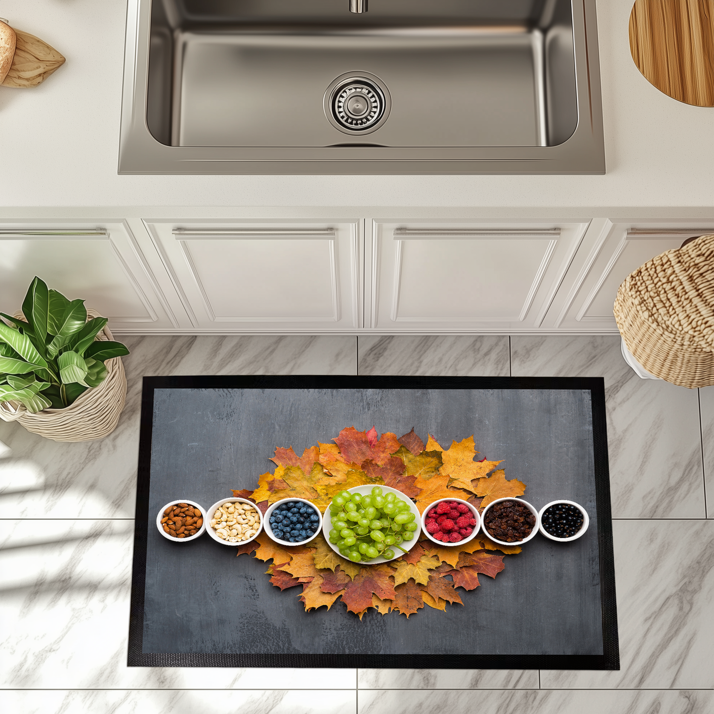 Vibrant Kitchen Mat with Colorful Food Prints, Stylish & Practical