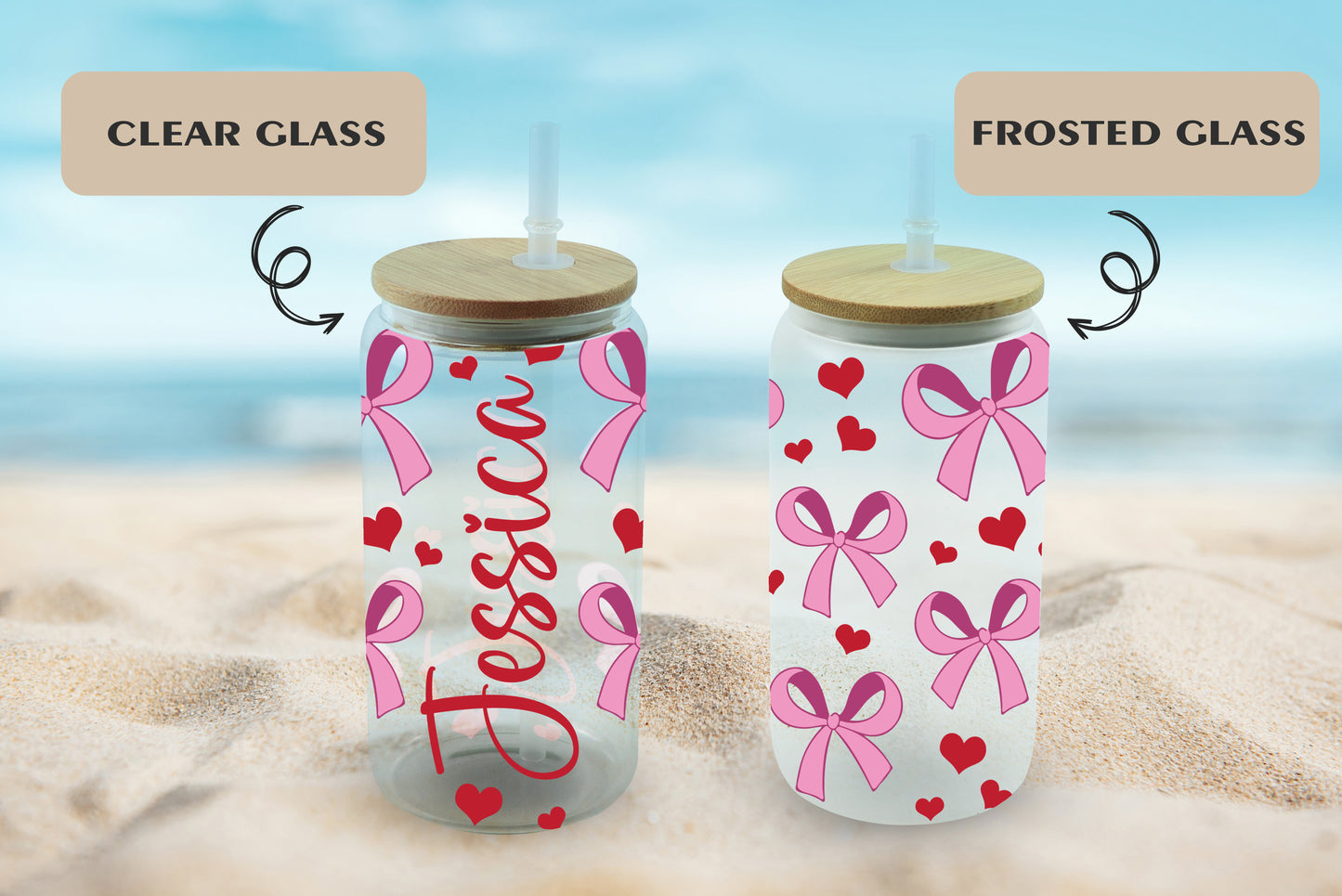 Custom Hearts And Bows Glass Tumbler Cup, Personalized Iced Coffee.