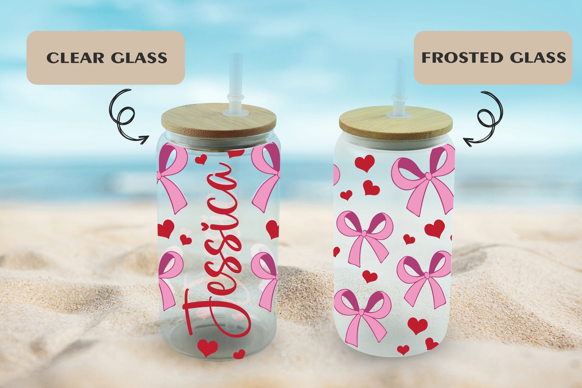 Custom Hearts And Bows Glass Tumbler Cup, Personalized Iced Coffee.