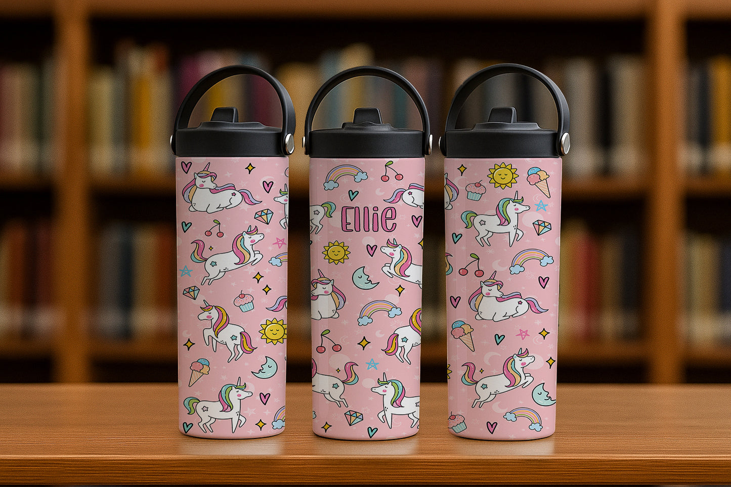 Custom Pink Tumbler, Pony Rainbow Water Bottle - Back To School