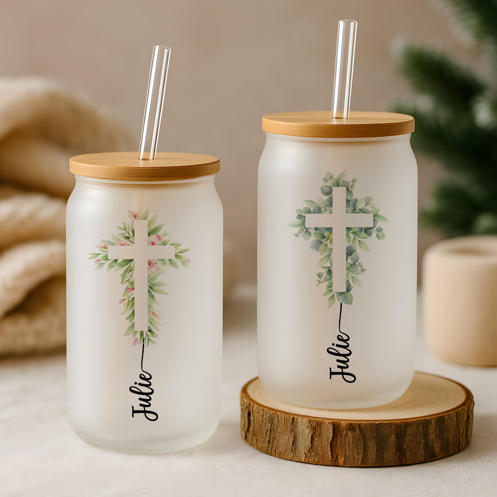 Floral Cross Can Glass Tumbler, Aesthetic Religious Iced Coffee Cup