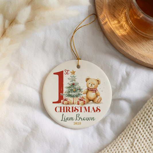 Celebrate Baby's 1st Christmas with Personalized Ceramic Ornament and Teddy.
