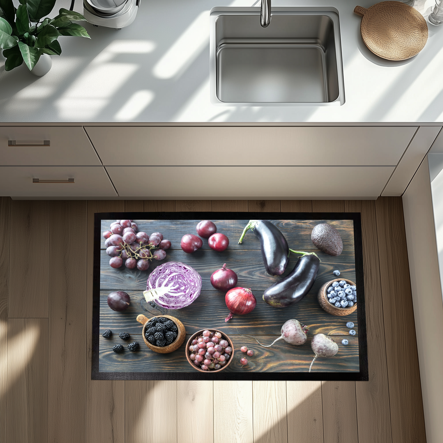 Vibrant Kitchen Mat with Colorful Food Prints, Stylish & Practical