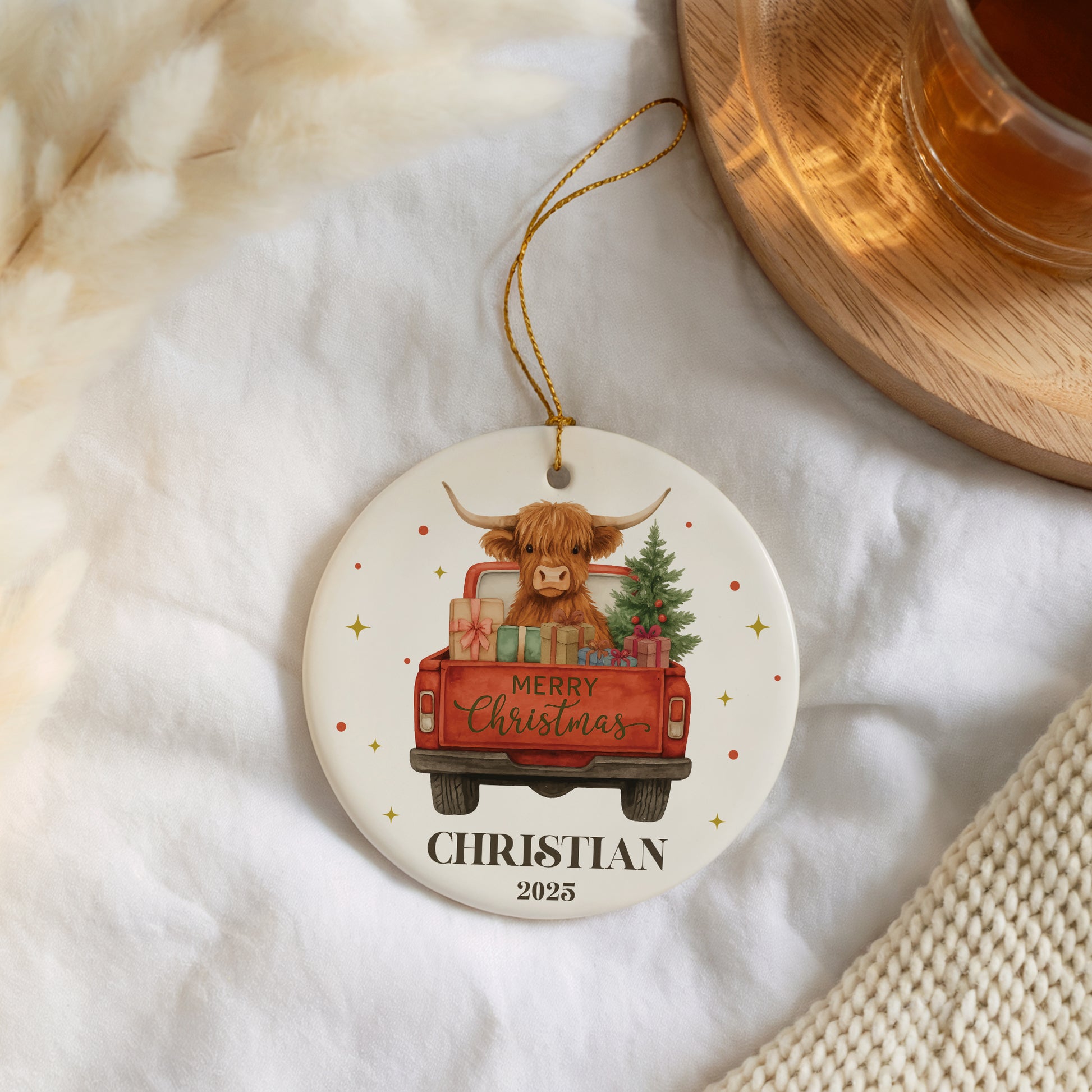 Country Farmhouse Red Truck Highland Cow Ceramic Ornament, Xmas Gift