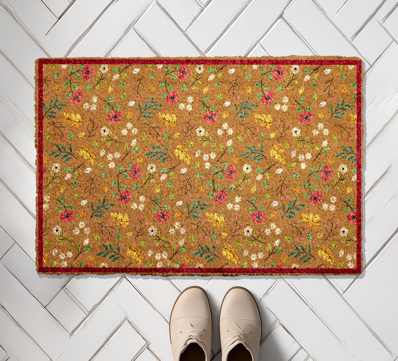 Charming Floral Welcome Mat, Colorful Boho Front Porch Doormat.
