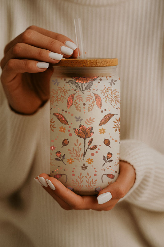 Floral Can Glass Tumbler, Wild Flowers Iced Coffee Cup Collection