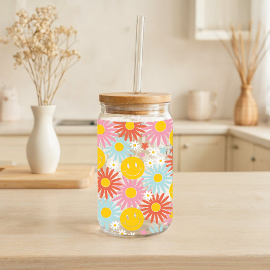 Colorful Daisy Glass Cup, Floral Smiley Tumbler, Aesthetic Iced Drinkware