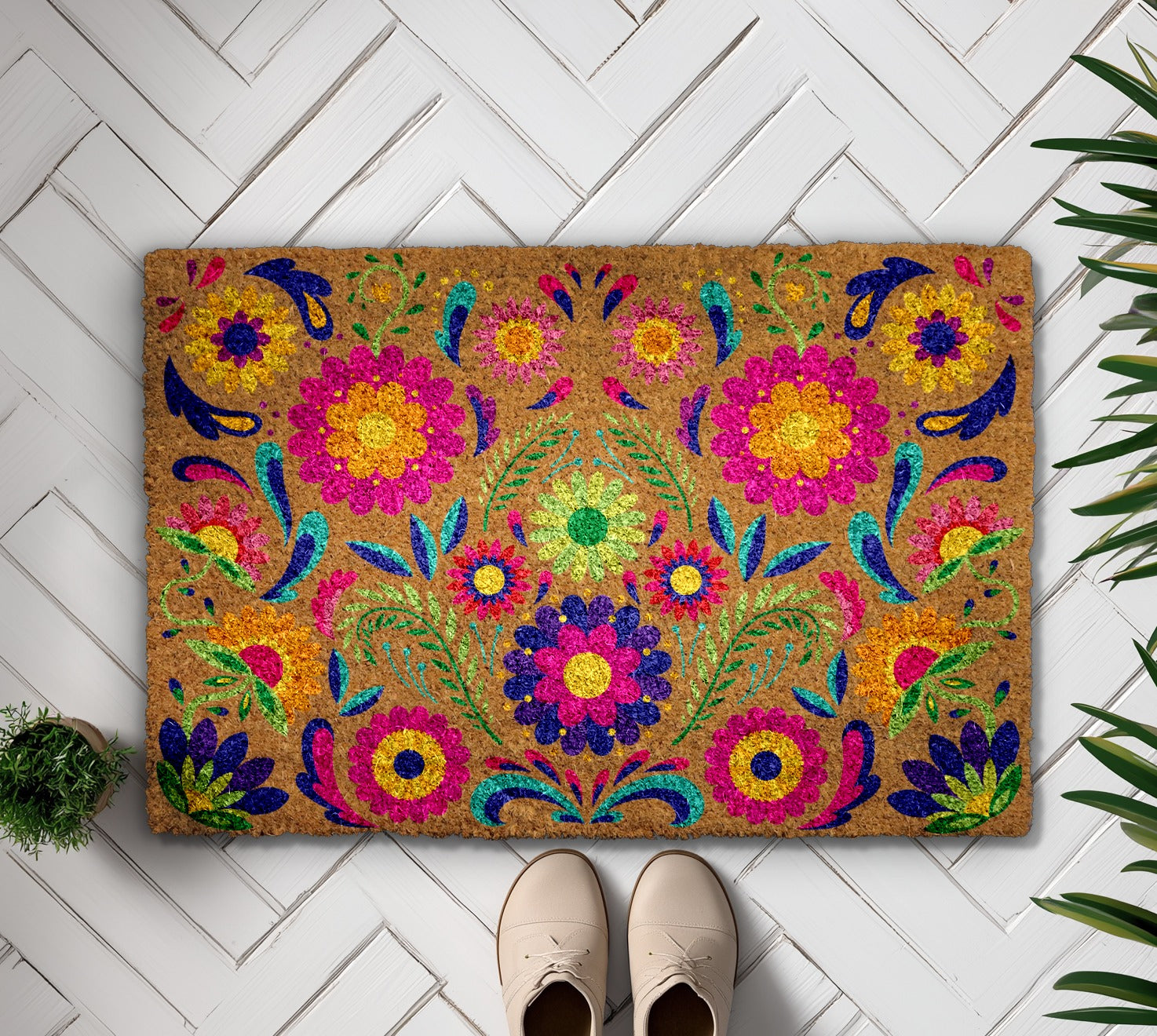 Vibrant Flowers Welcome Mat, Boho Housewarming Gift, Colorful Floral Doormat