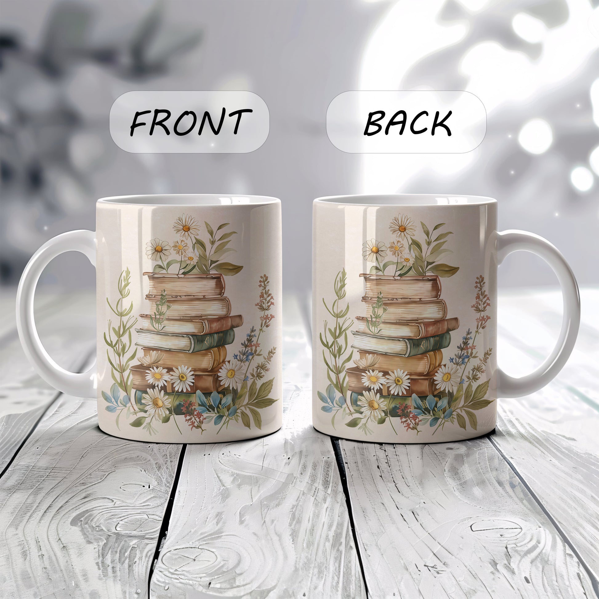 Vintage Book Lover Mug, Daisy Flowers Tea Cup, Boho Bookish