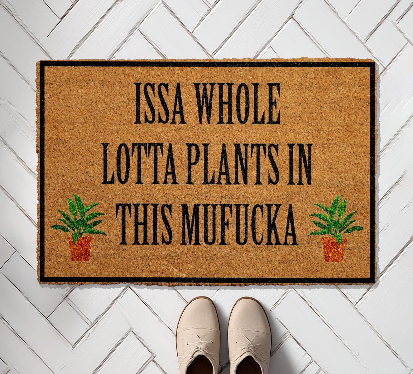 Welcome with a whole lotta plants in this doormat!