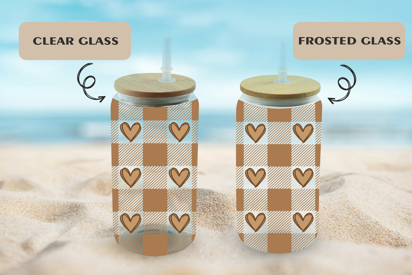 Heart Plaid Glass Tumblers, Aesthetic Drinkware for Iced Coffee