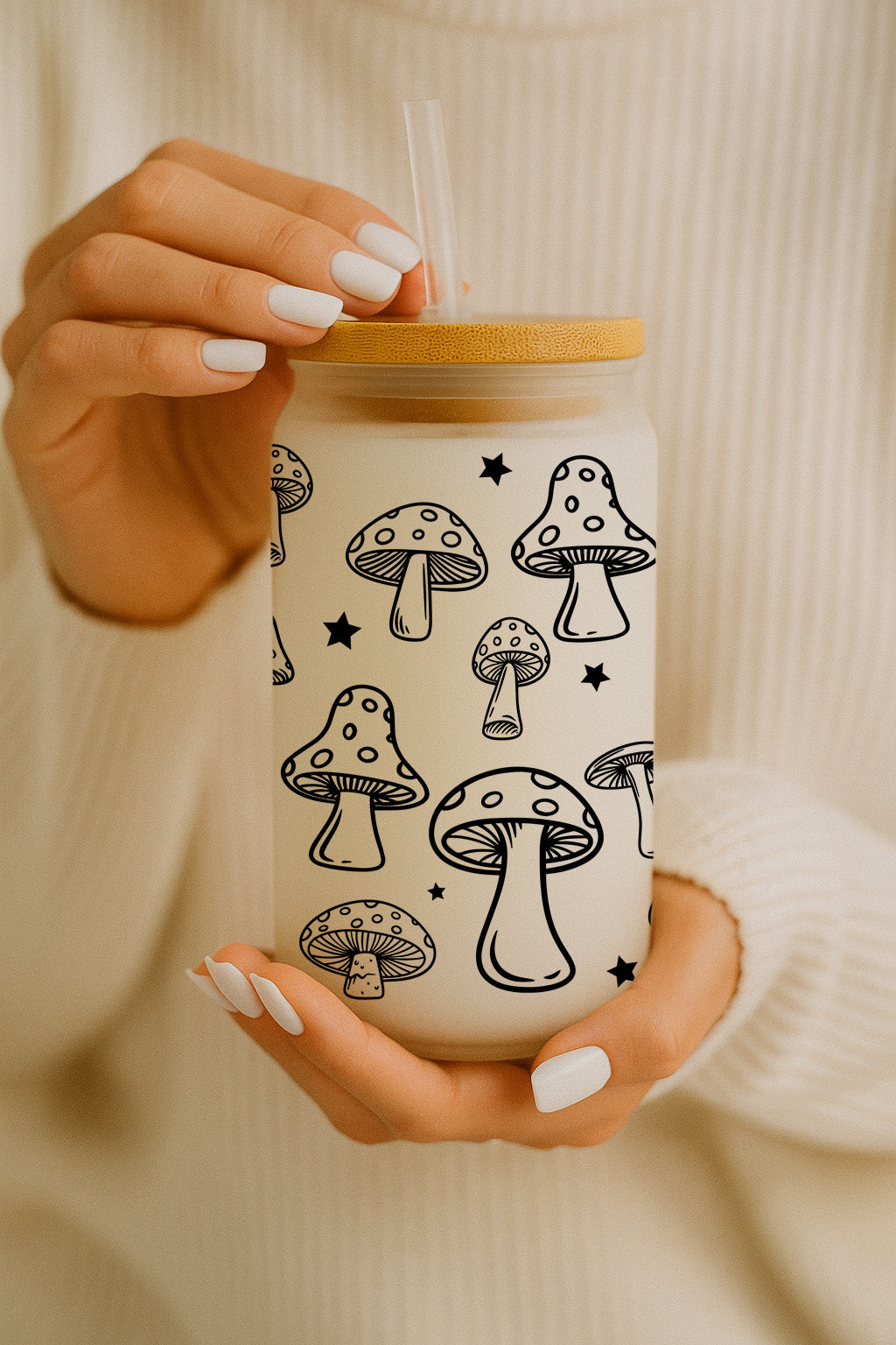 Botanic Smoothie Cup, Aesthetic Glass Tumbler with Mushroom-Inspired Design