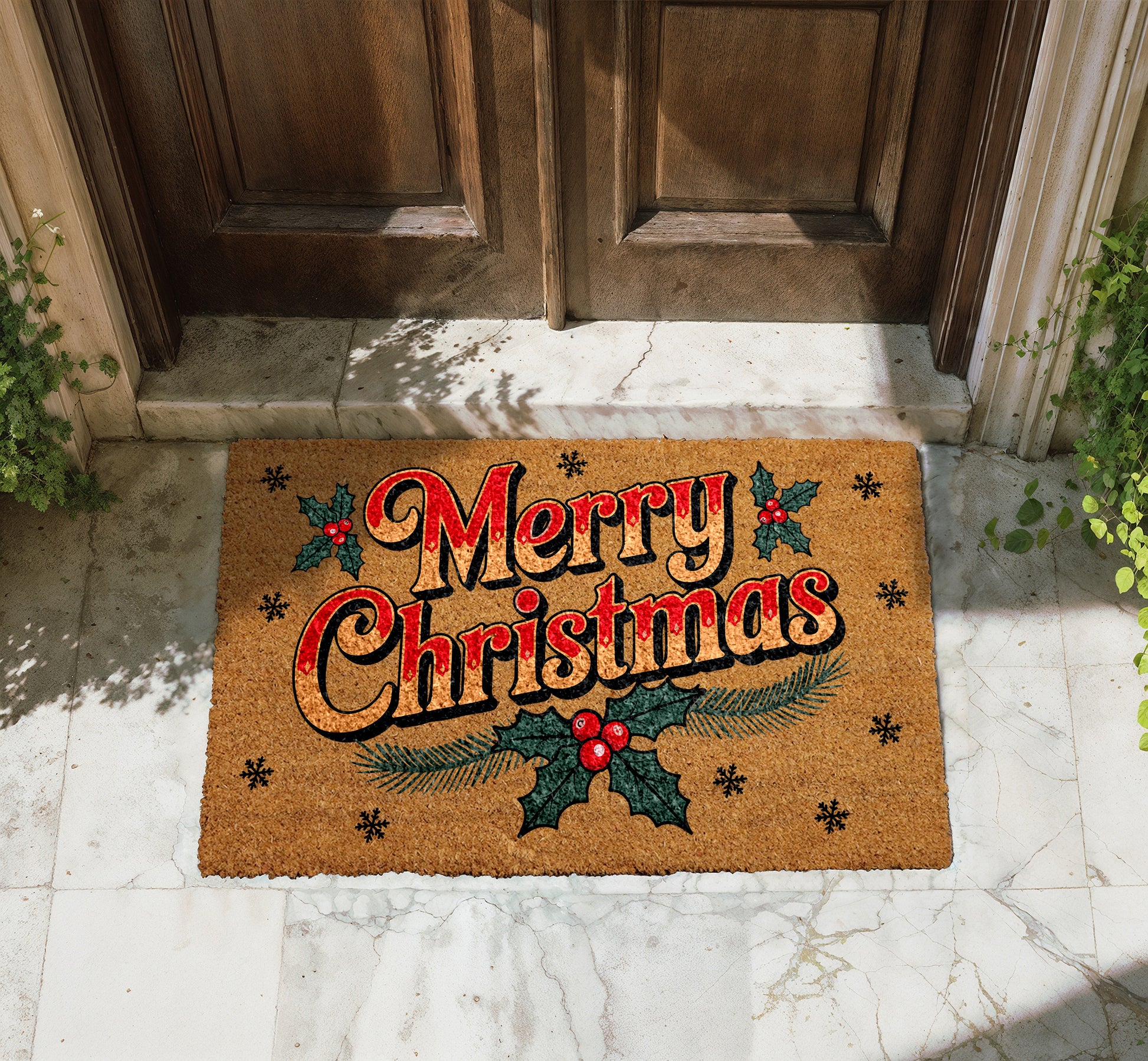 Holly Berry Xmas Welcome Mat, Festive Holiday Home Decor