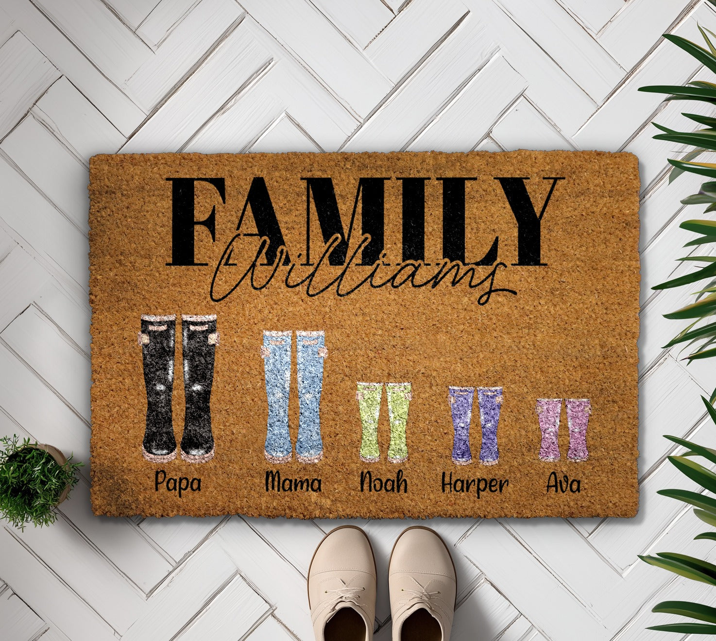 Personalized Family Wellies Doormat, Last Name Welcome Mat, Porch Decor