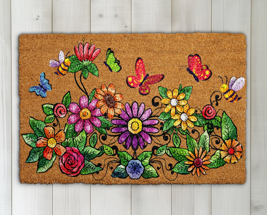Vibrant Wildflower & Butterfly Doormat, Brighten Your Home Entrance.